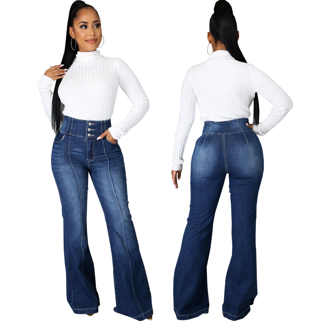 Patchwork washed denim elastic slim flare pants