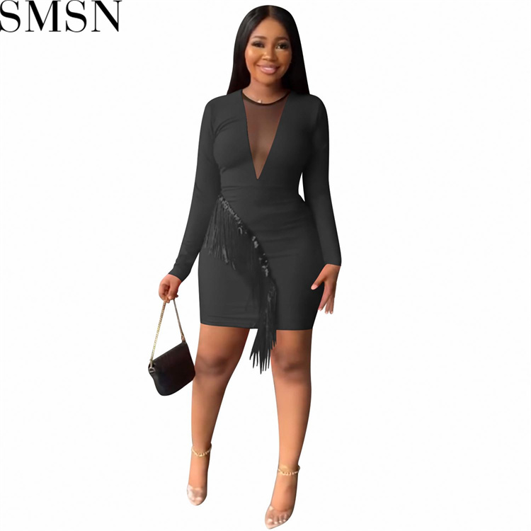 Plus Size Dress nightclubs rhinestone mesh see through sexy tassel hip wrapped mid length skirt dress