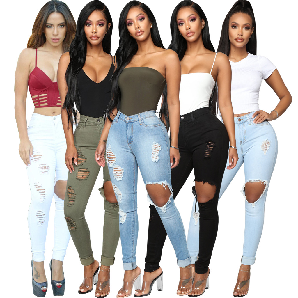 Fashion high waist denim hole tights