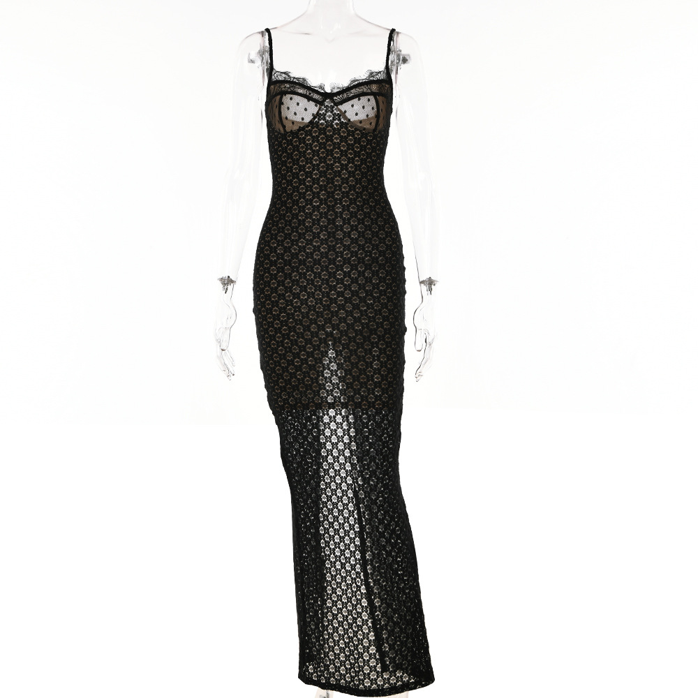 Sexy Strap Tight Long Dress Split Dotted Dress