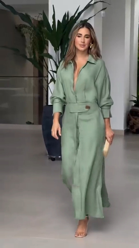 Solid Color Shirt Collar Dress Long Sleeved Long Skirt