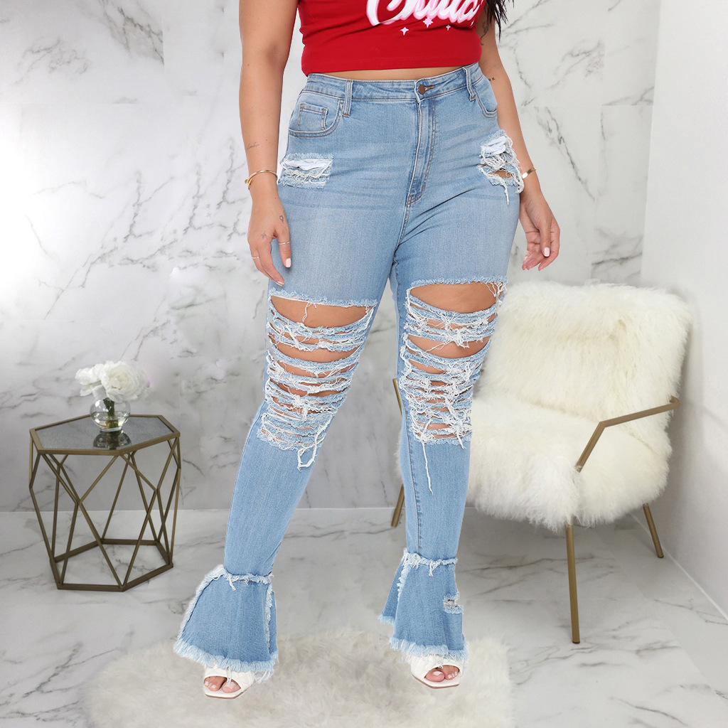 Fashion hole stitching micro flared pants