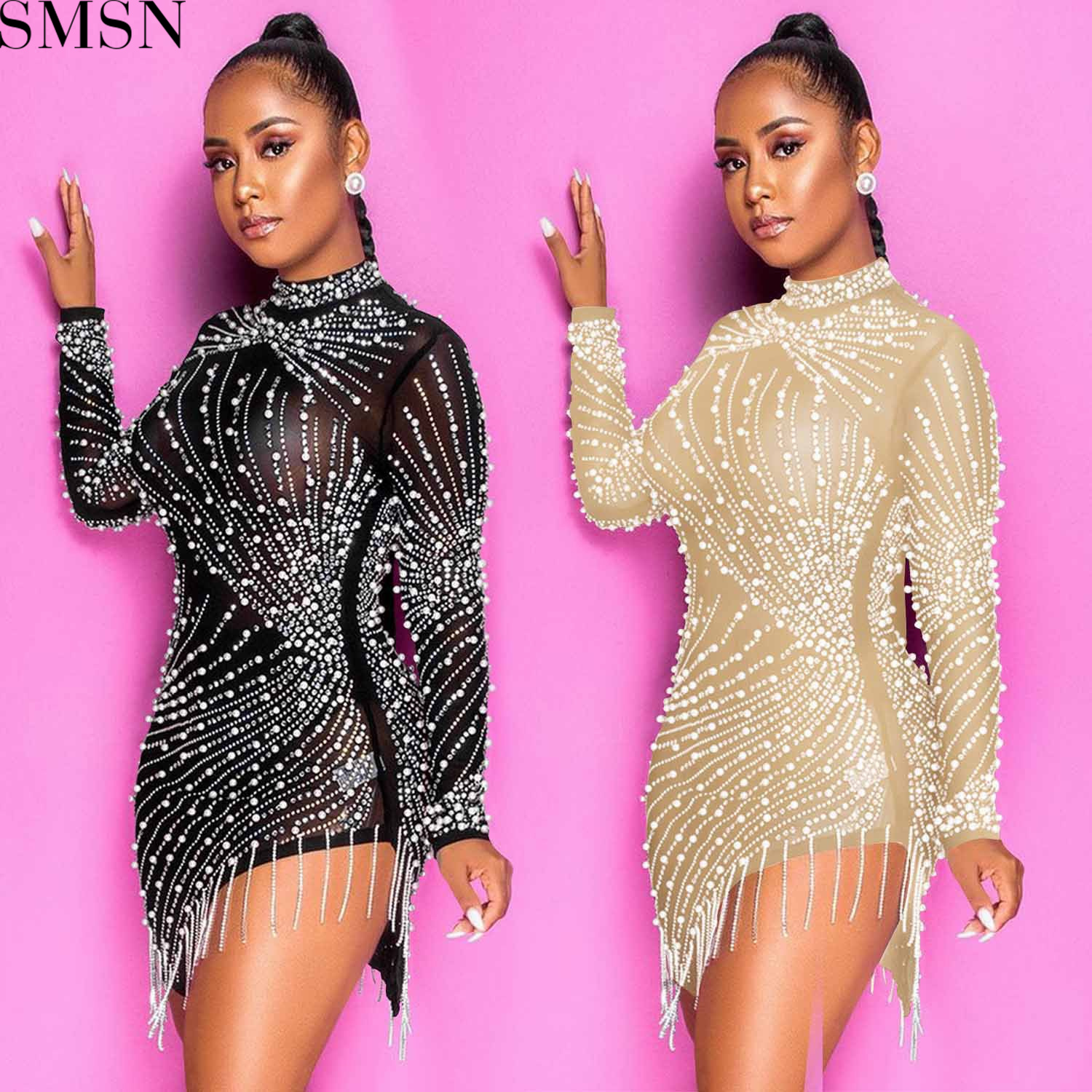 Fashion dress for women sexy nightclub mesh see-through hot rhinestone bubble bead tassel round-neck long-sleeved dress