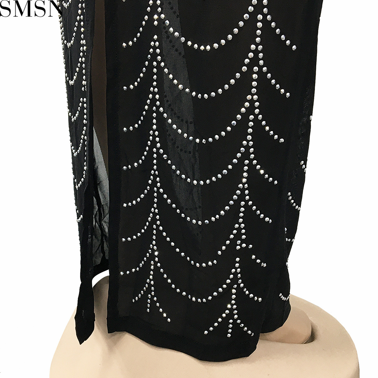 Plus Size Dress fashion new sexy nightclub hot rhinestone mesh see-through long sleeve dress