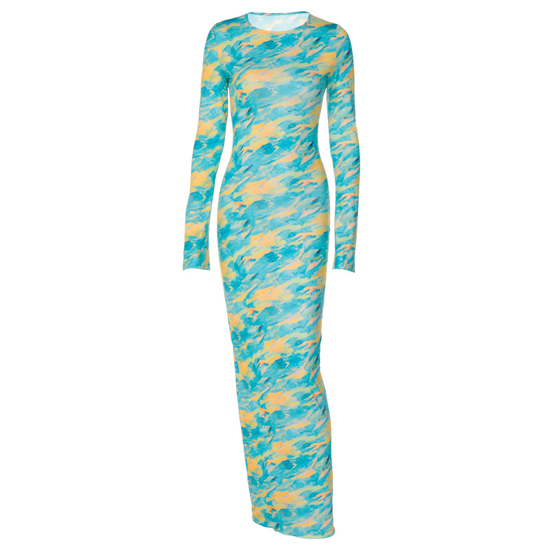 Fashion Printed Slim Round Neck Long Sleeve Dress