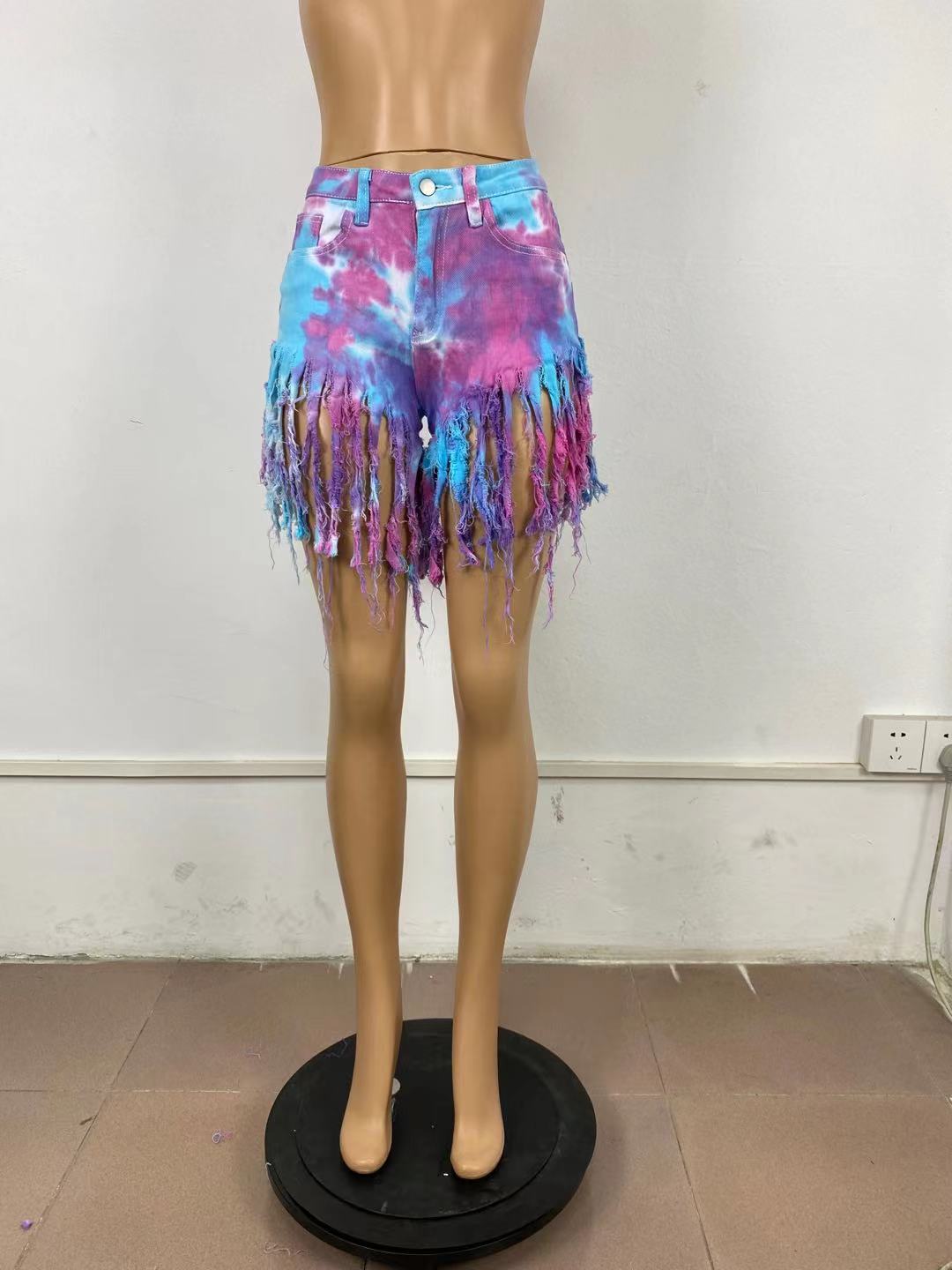 Tie dyed denim shorts with tassels