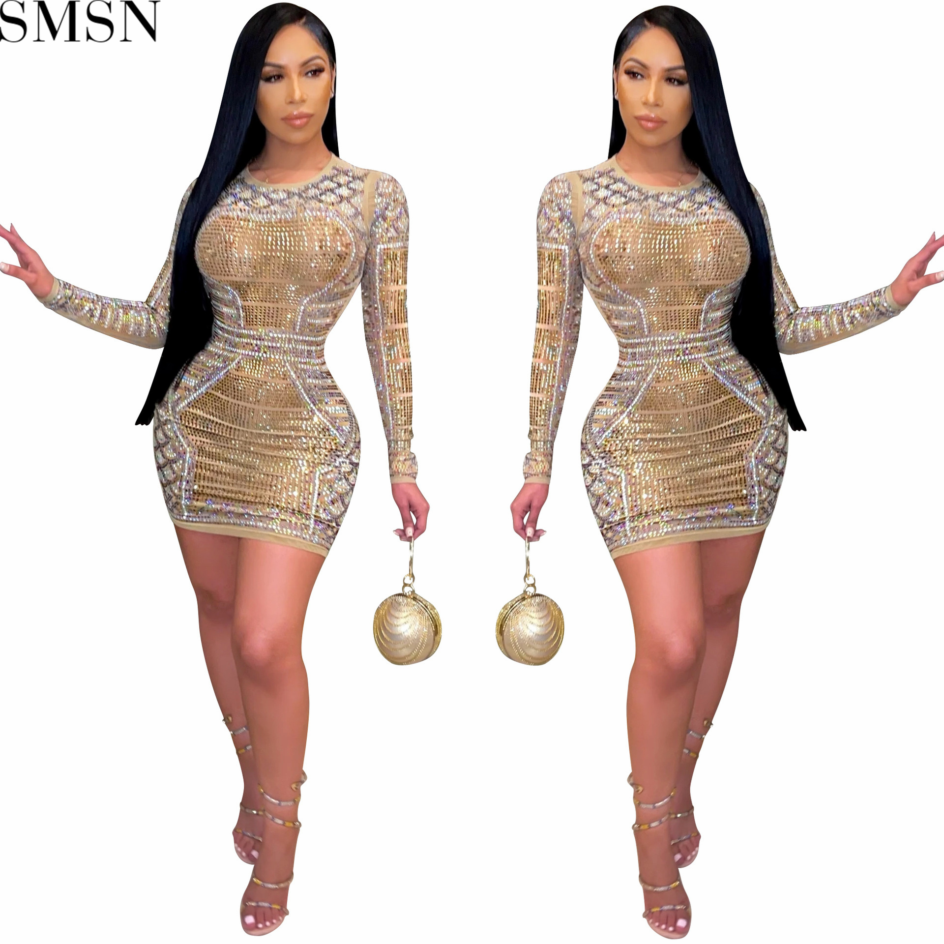 Fashion women dress new sexy nightclub milk fiber rhinestone colorful crystals long sleeve dress