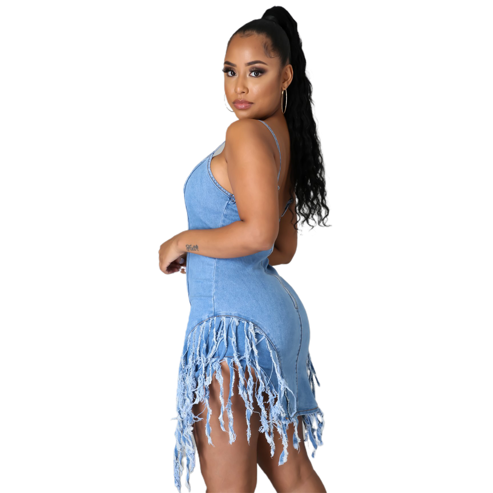 Fashionable open back denim skirt with strap