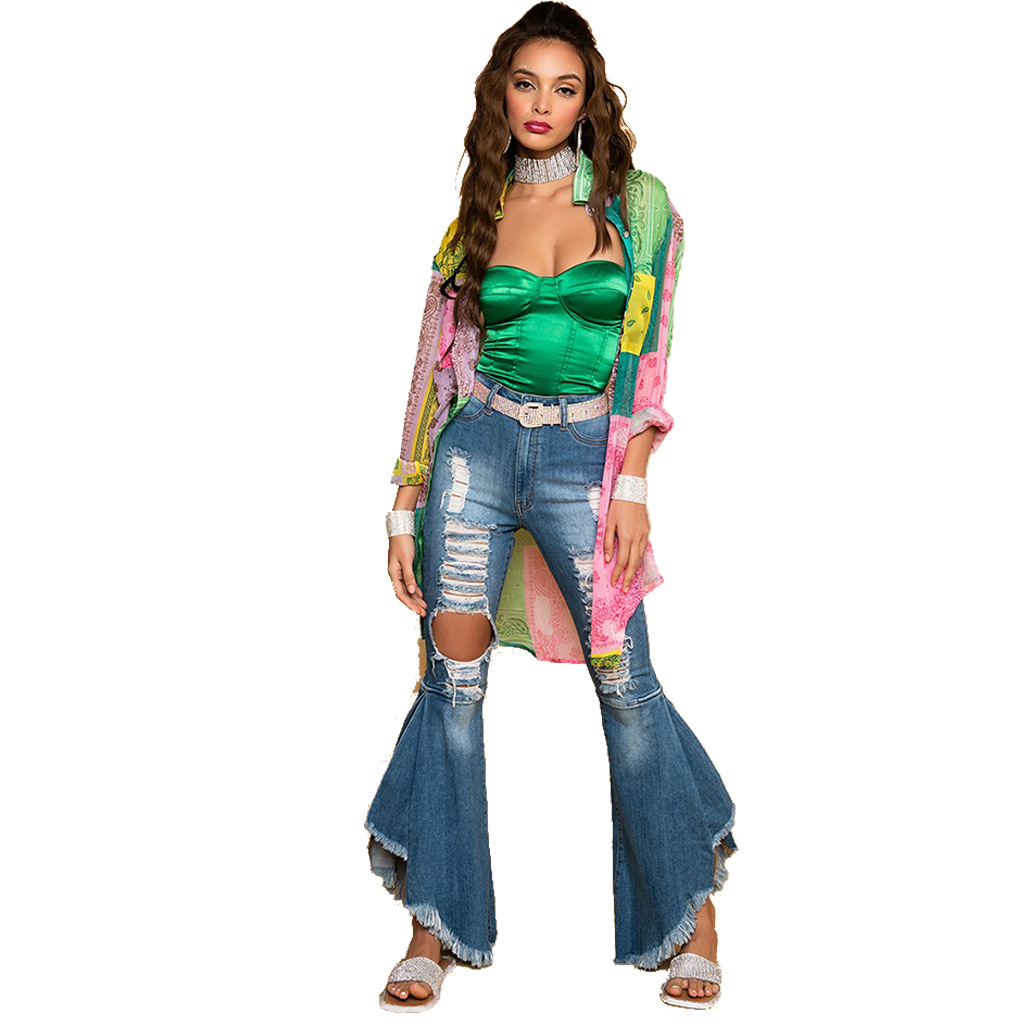 Fashion stitched jeans flared pants with holes