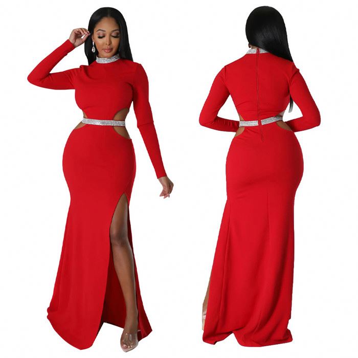 Boutique fashion side split bodycon dress ladies sexy elegance hollow out evening dress