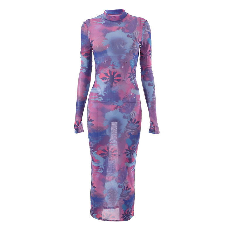 Round Neck Long Sleeve Finger Mesh Printing Casual Long Dress For Women