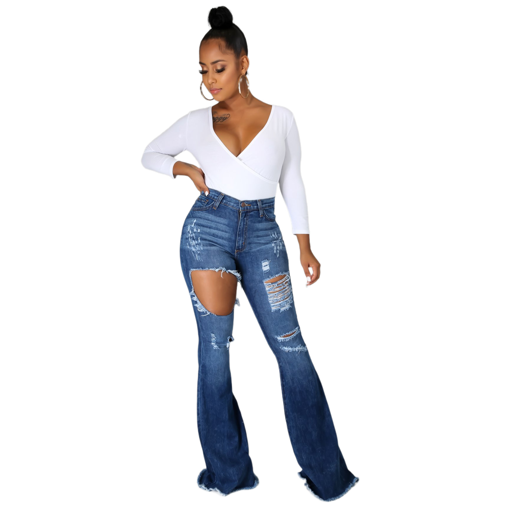 Sexy fashion trend hole elastic flared pants