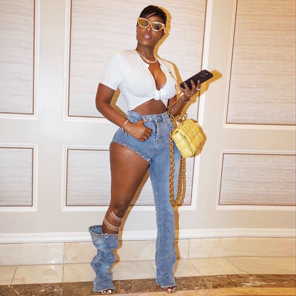 Denim high waist straight fitting trousers