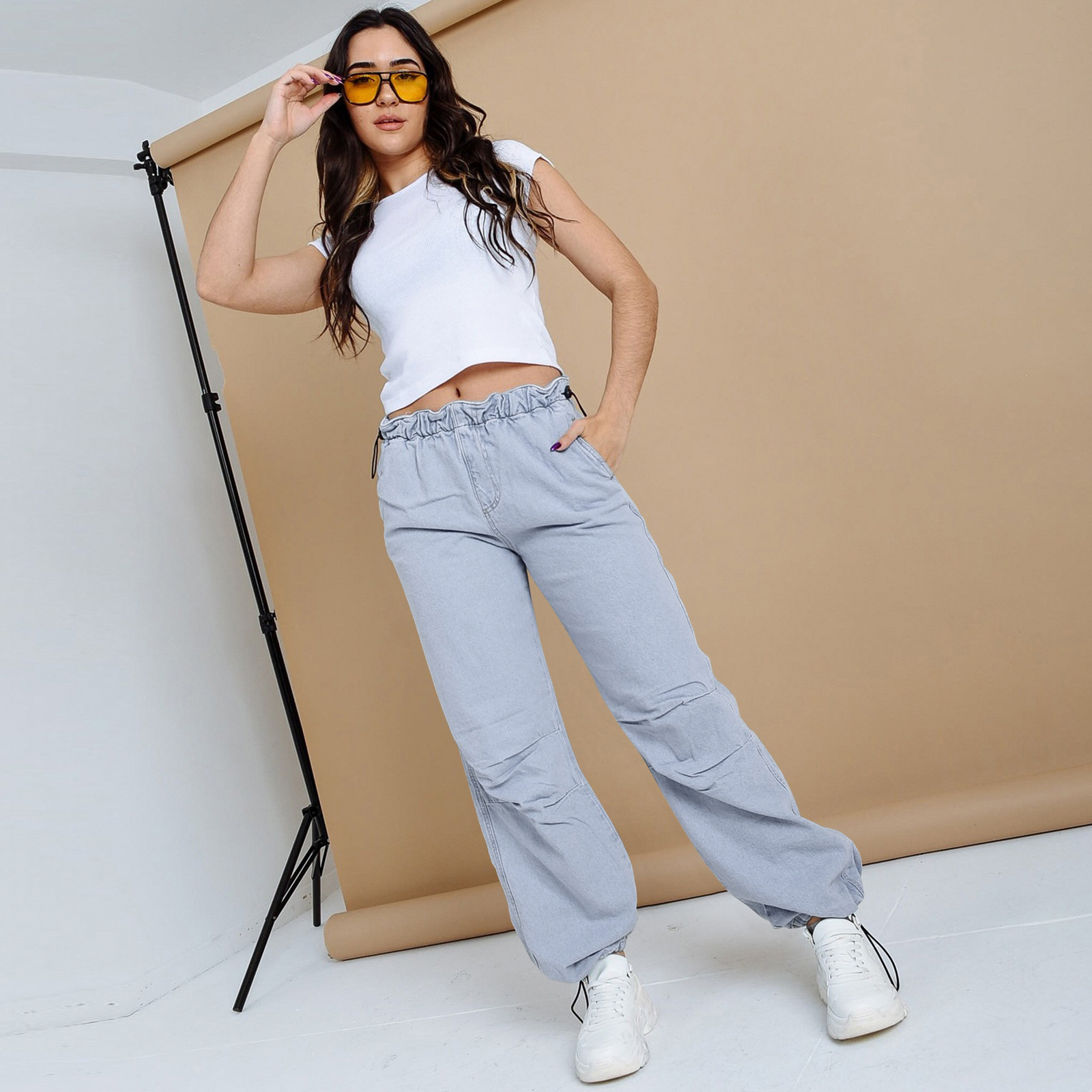 Elastic Band Elastic Spring Buckle Loose Fit Jeans