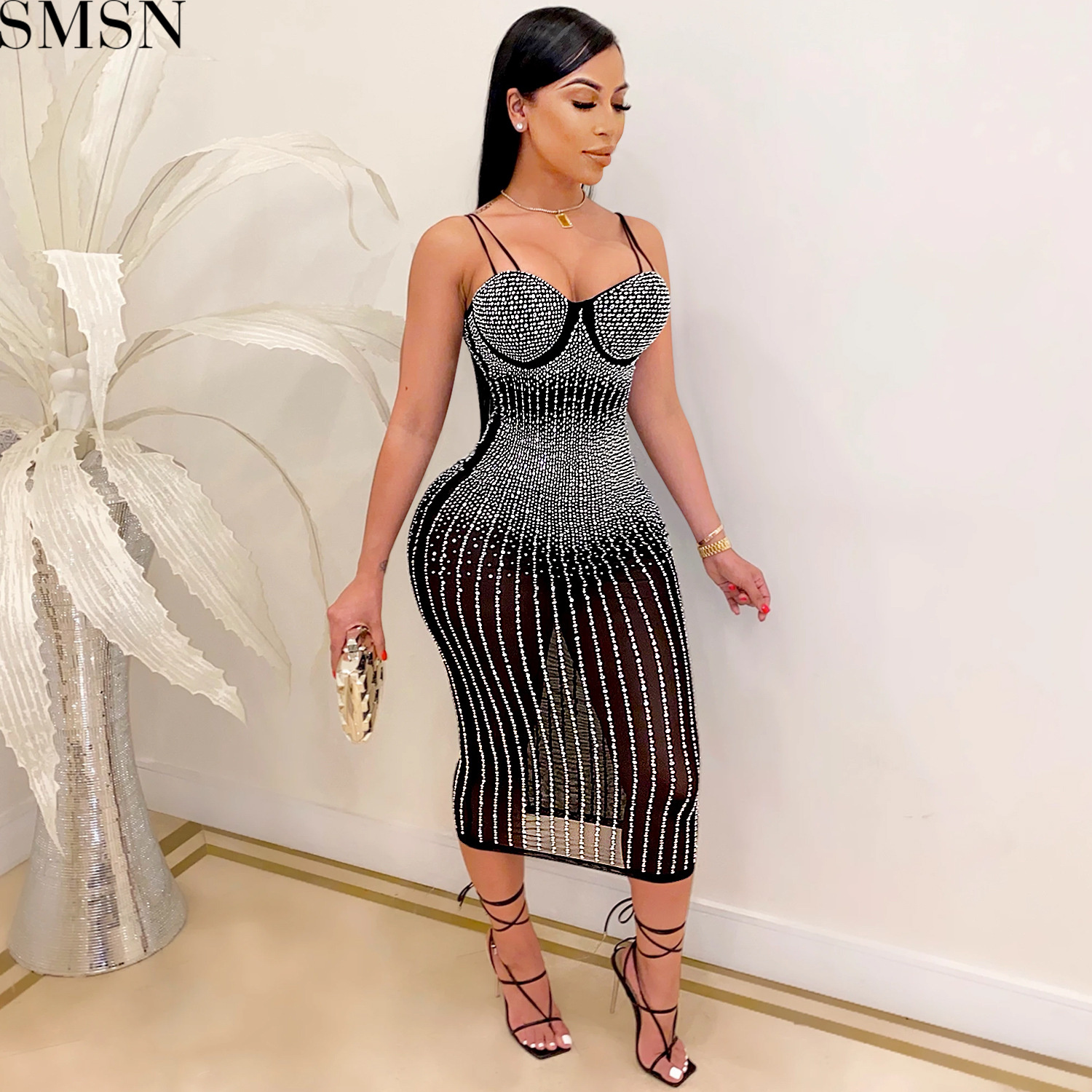 Fashion women's wear Party nightclub mesh see-through rhinestone Diamond strap dress plus size casual dress