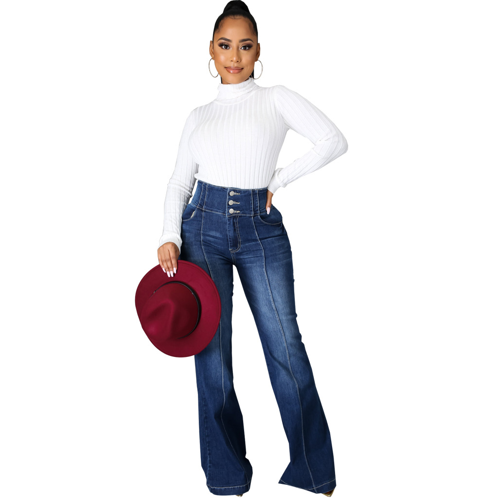 Patchwork washed denim elastic slim flare pants