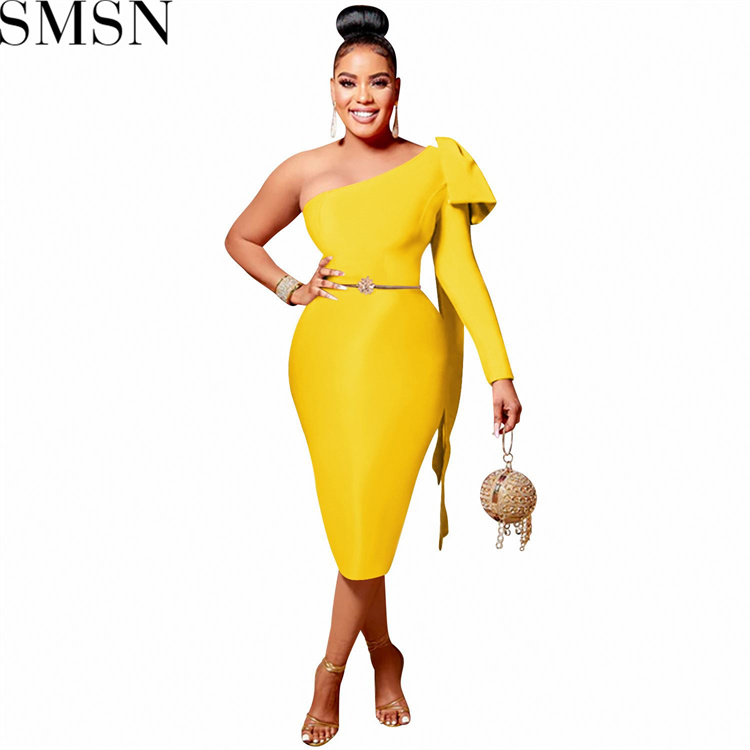 Fashion women dress Amazon women wear new diagonal collar single long sleeve bowknot ribbon dress