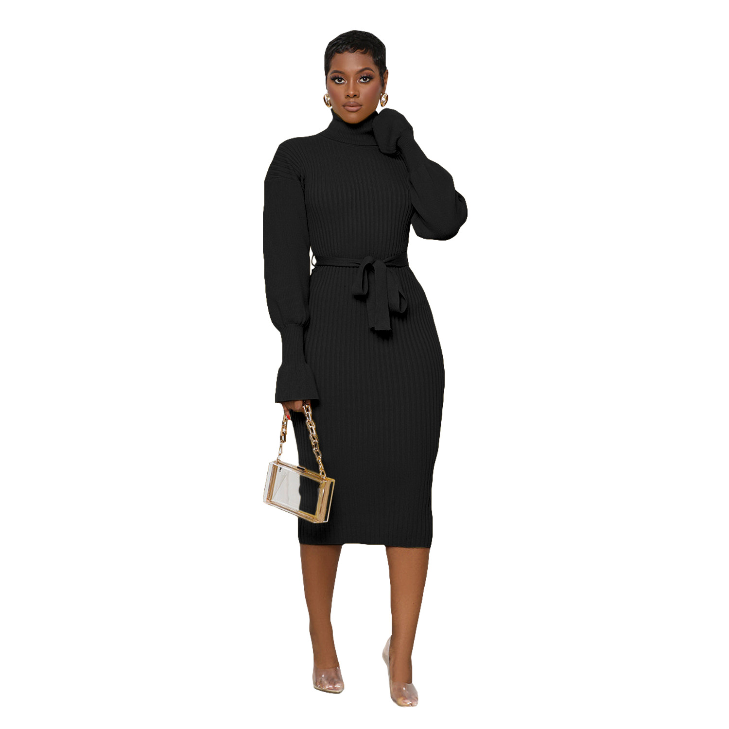 Plus Size Dress European and American women clothing solid color turtleneck knitting tied dress