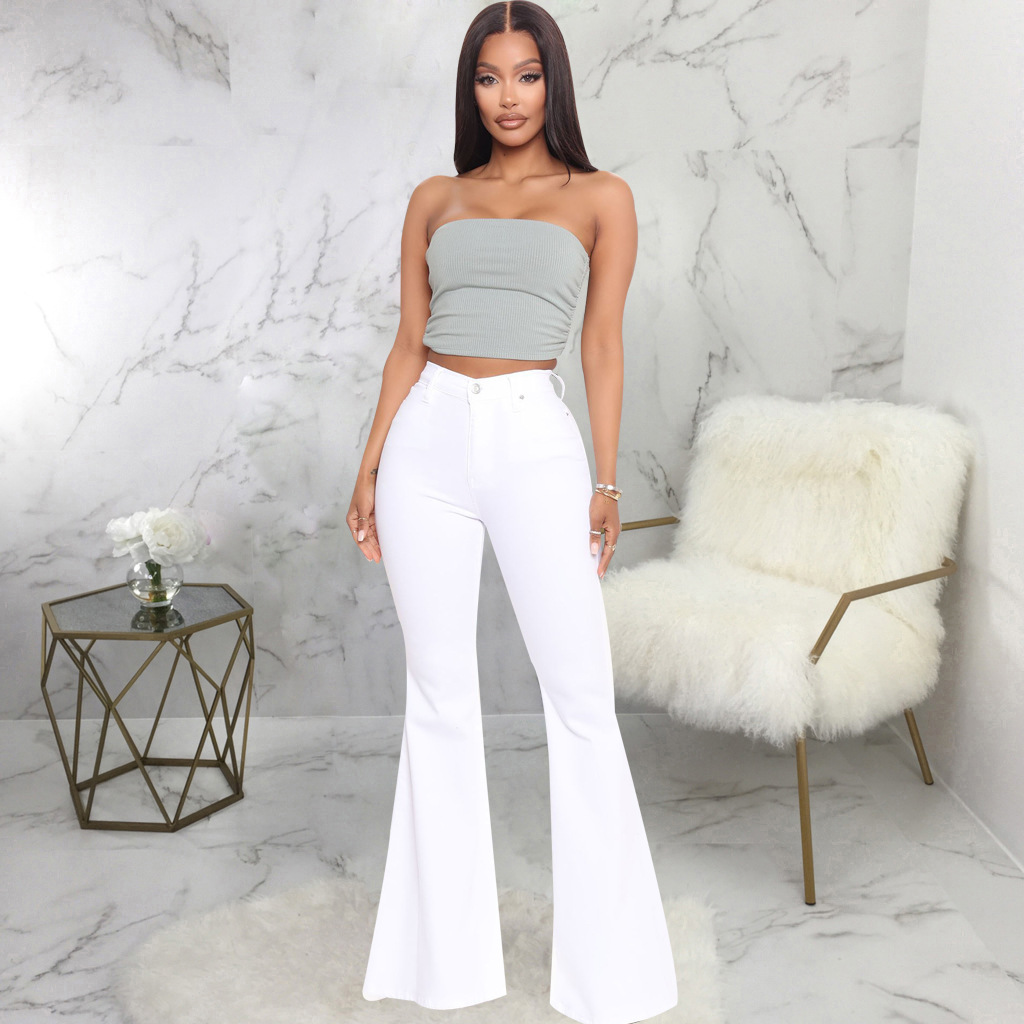 Fashion high waist elastic denim flared pants