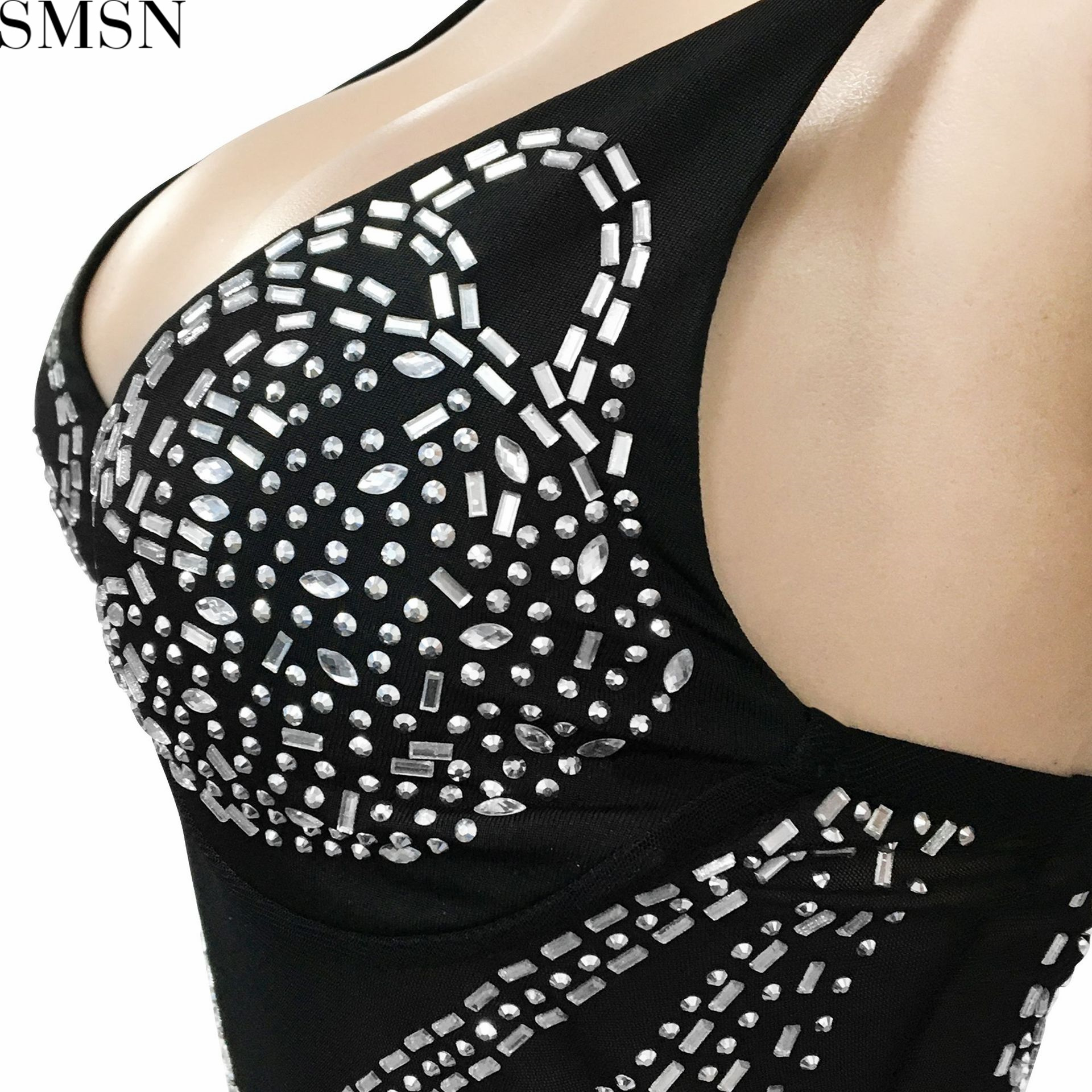 Plus Size Dress new hot rhinestone sexy spaghetti straps chest wrap mesh see-through maxi dress