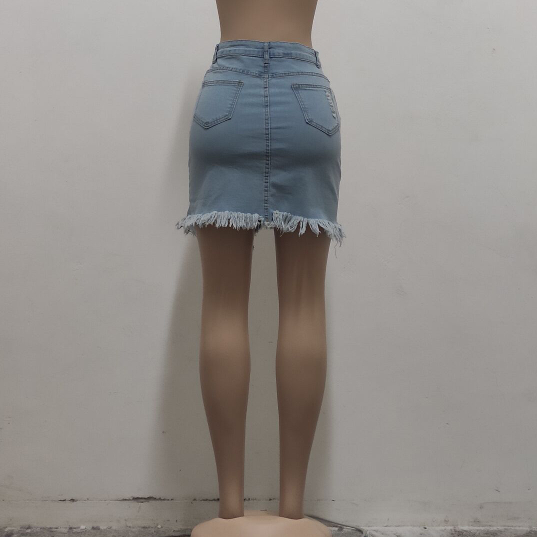 Fashion wear out high waist elastic denim skirt