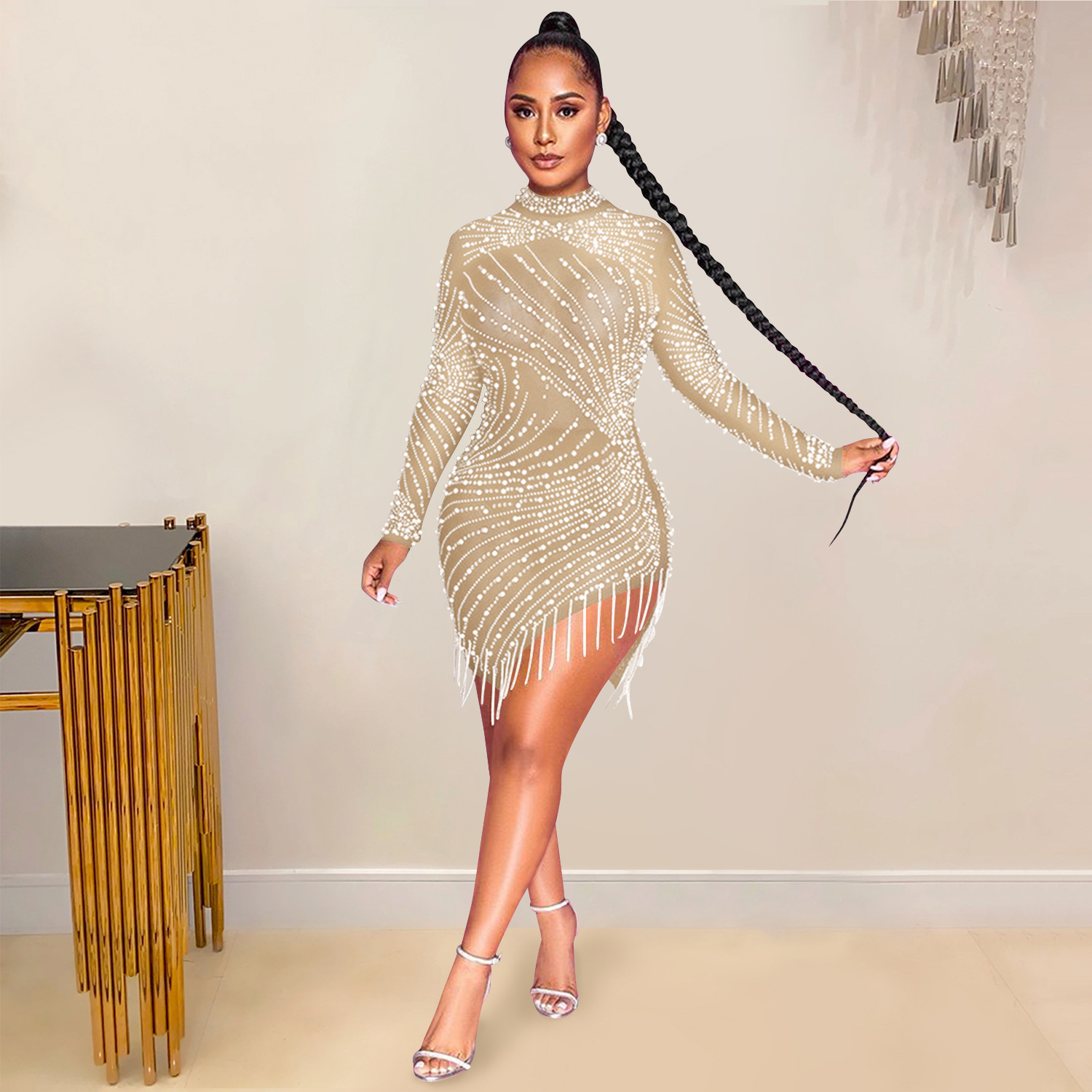 Fashion dress for women sexy nightclub mesh see-through hot rhinestone bubble bead tassel round-neck long-sleeved dress