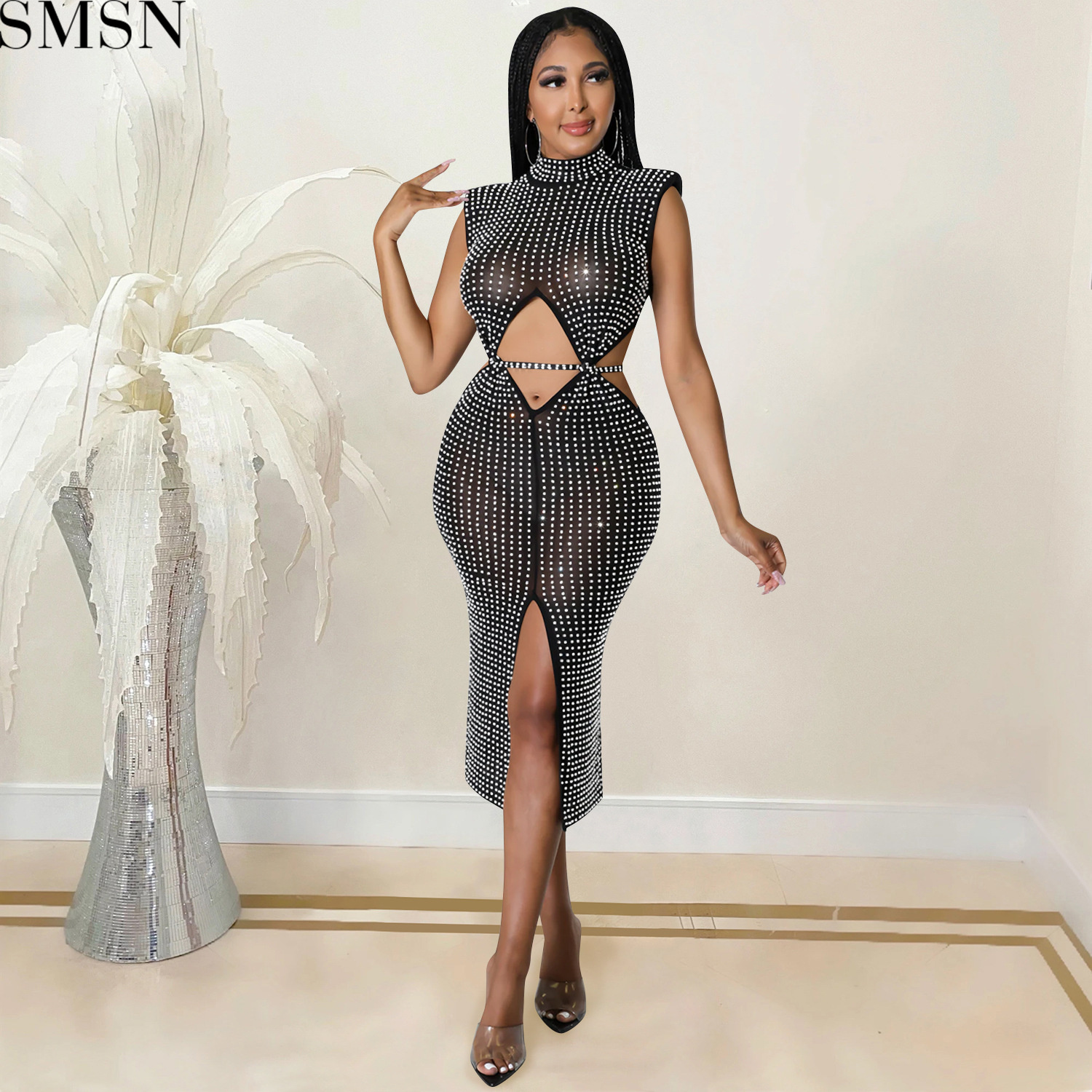 Fashion women dress sexy mesh see-through hot rhinestone hollow split dress women's clothing plus size casual dress