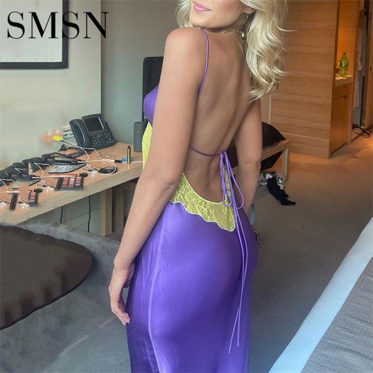 Fashionable sexy spice girl spell color halter belt dress hook flower hollow V collar back waist long Casual Dress