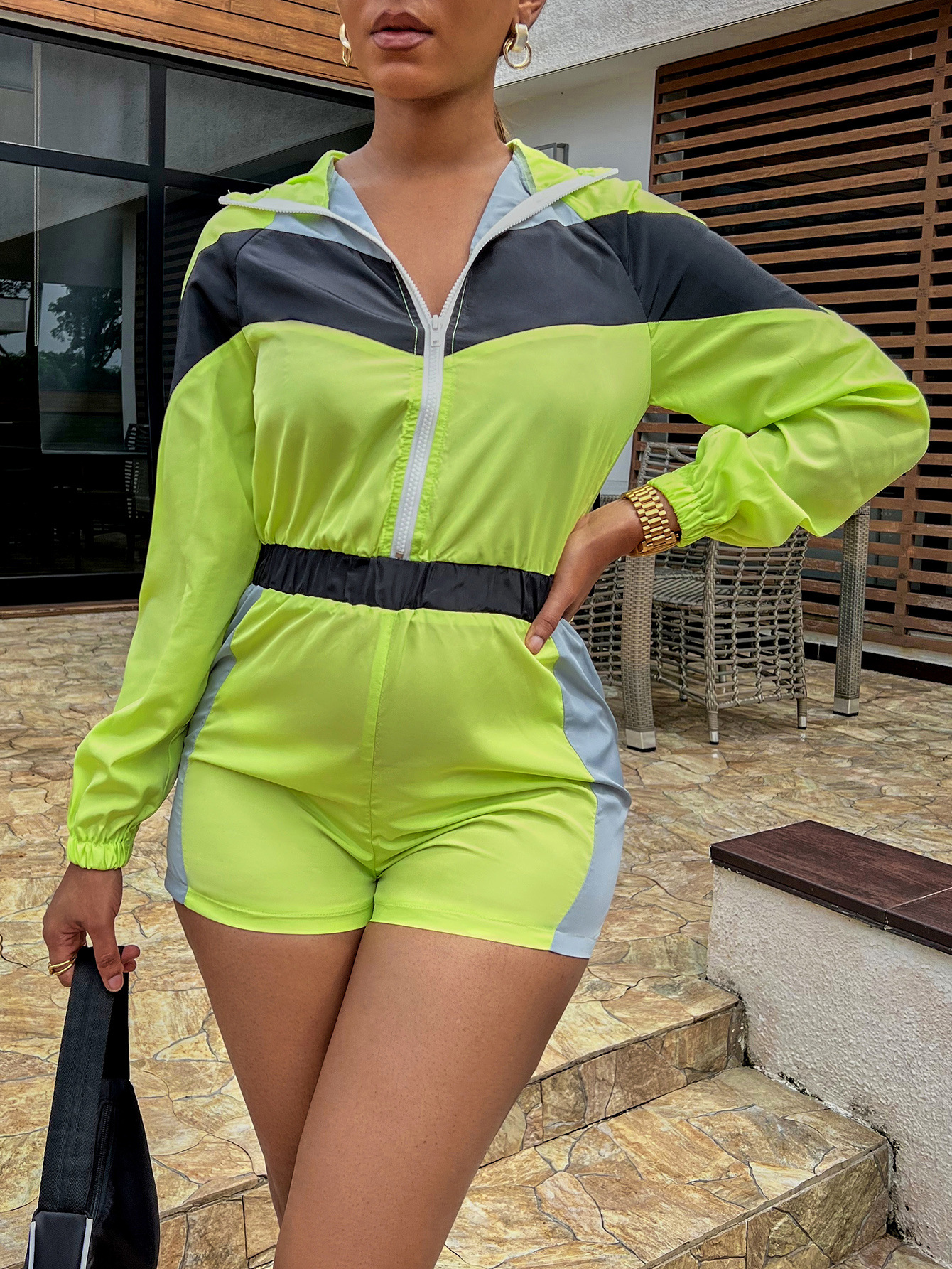 Casual multi panel zipper one-piece shorts