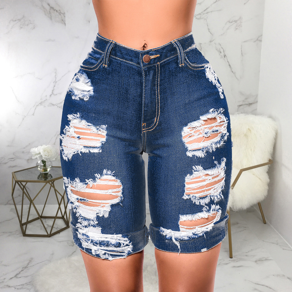 Fashionable water wash hole high waist jeans