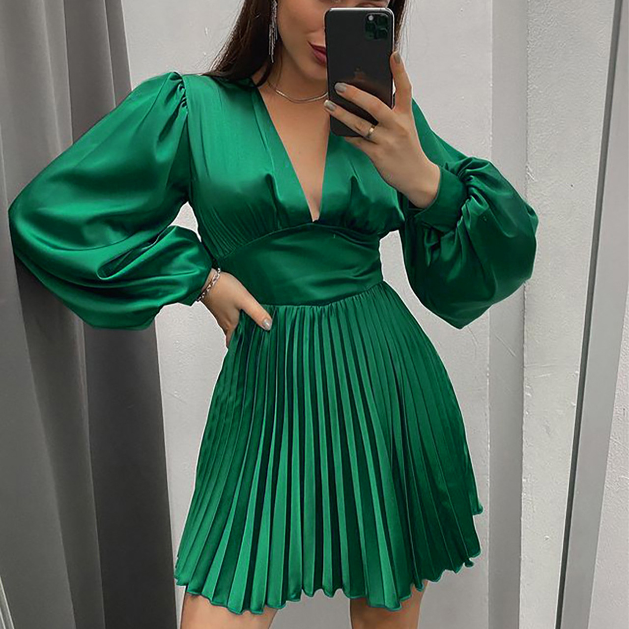 Plus Size Dress Amazon New Autumn and Winter Long Sleeve Pleated Satin Satin A  line High Waist Dress