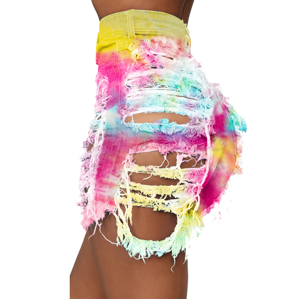 Fashion sexy pierced tie dyed denim shorts