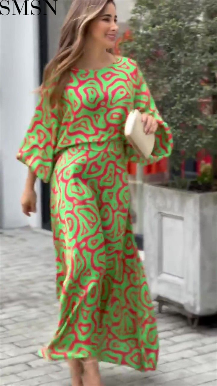 Casual Dress summer New loose plus size print long sleeved top high waist long dress