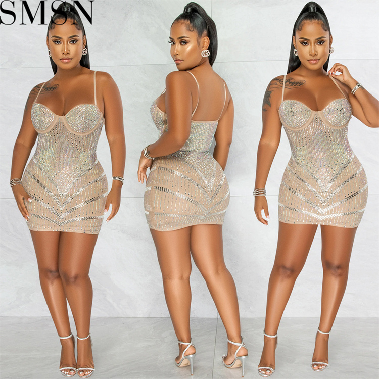 Casual Dress Amazon nightclubs hot rhinestone sexy see through wrapped chest midi dress