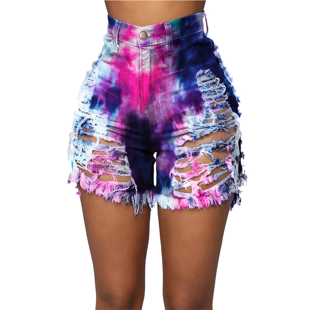 Fashion sexy pierced tie dyed denim shorts
