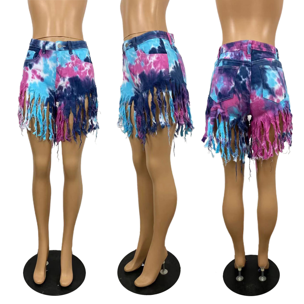 Tie dyed denim shorts with tassels