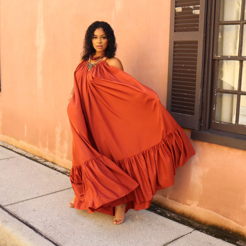 Sexy Slingless Sleeveless Solid Color Long Swing Dress