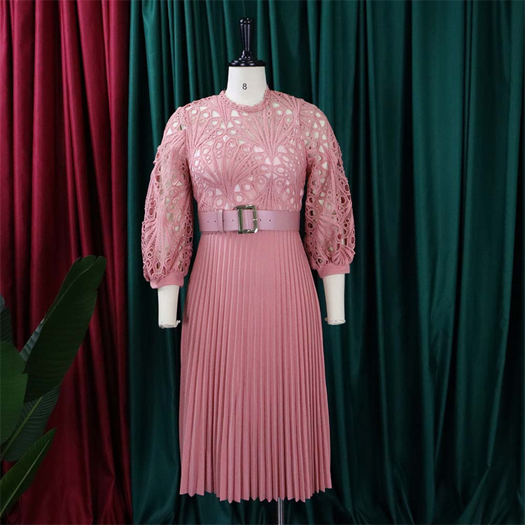 Plus Size Dress Puff Sleeve Lace Party Wear Belt Plus Size Autumn Women Pleated Dress