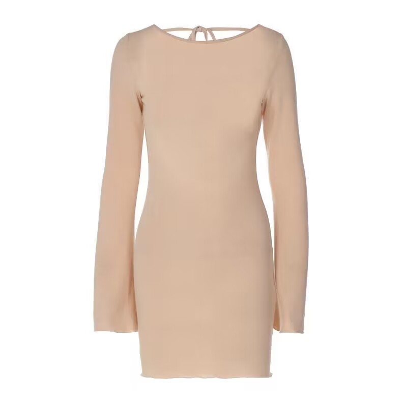 Solid Color Ribbed Long Sleeves Sexy Backless Slim Dress Woman