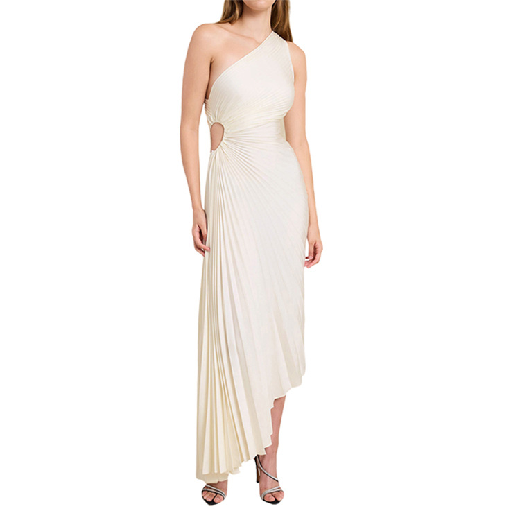 Single Shoulder Pleated Hollow Out Dress(Satin)