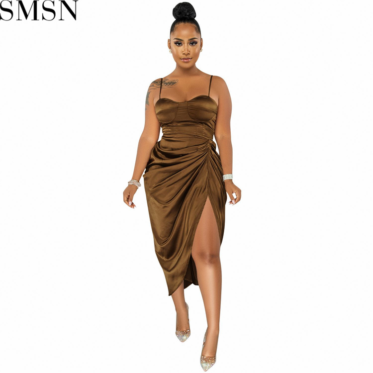 Evening Dresses 2022 Fashion solid color women sexy spaghetti straps chest wrap crimp split dress