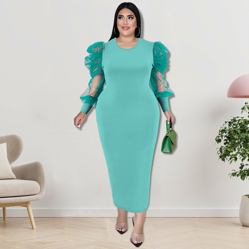 Plus Size Dress fall women clothing wholesale round neck long sleeve hit net dress