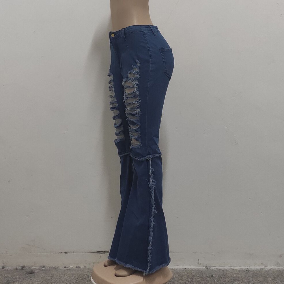 Patchwork perforated washed denim flared pants