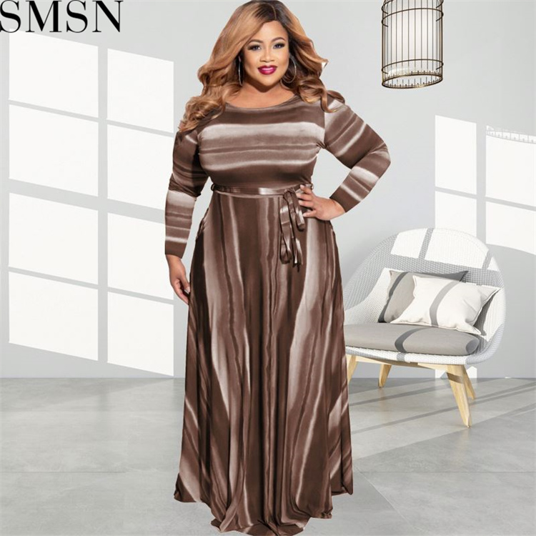 Plus Size Dress Amazon autumn and winter New striped print with belt stylish loose plus size women dress
