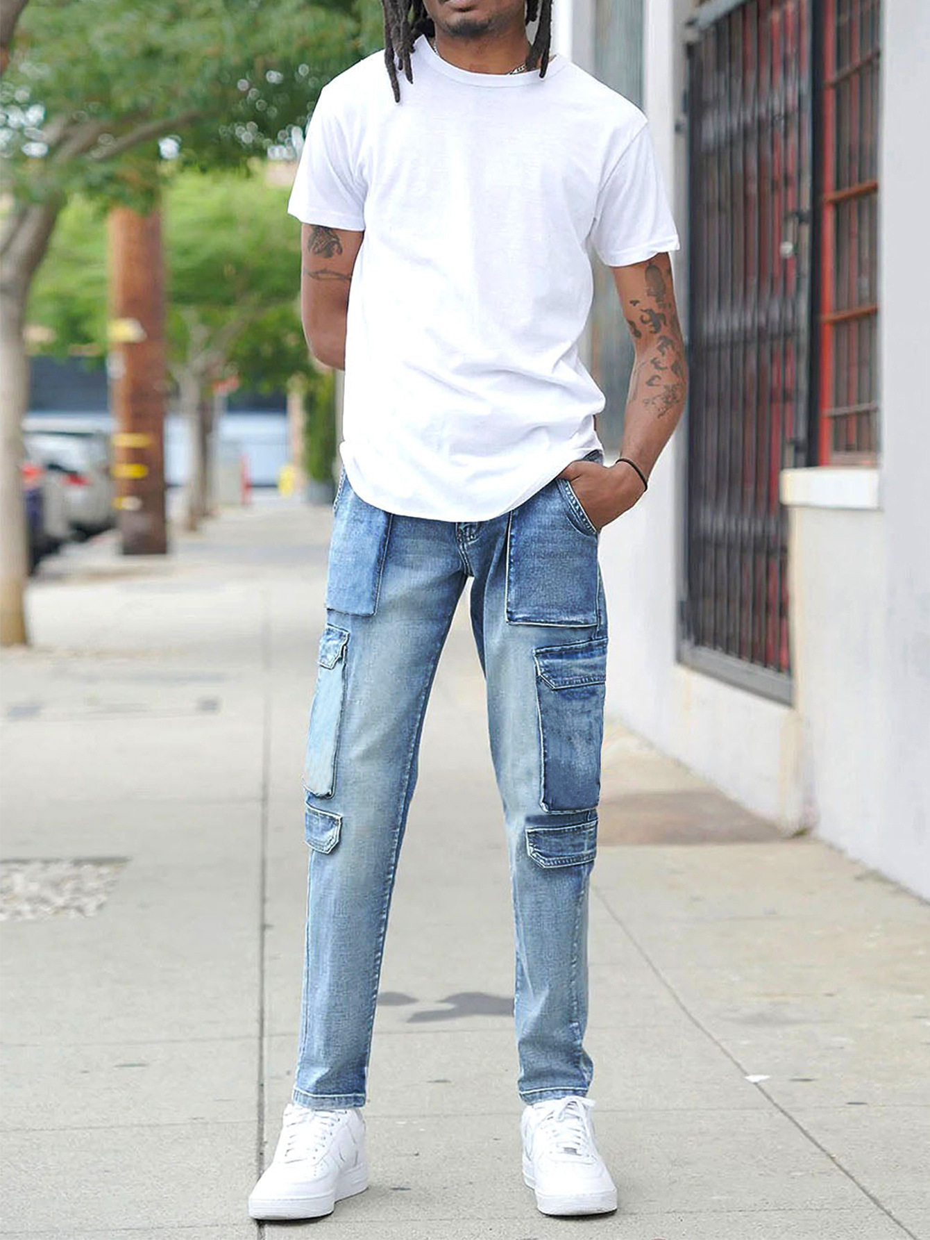 Fashion elastic jeans men's cargo pants