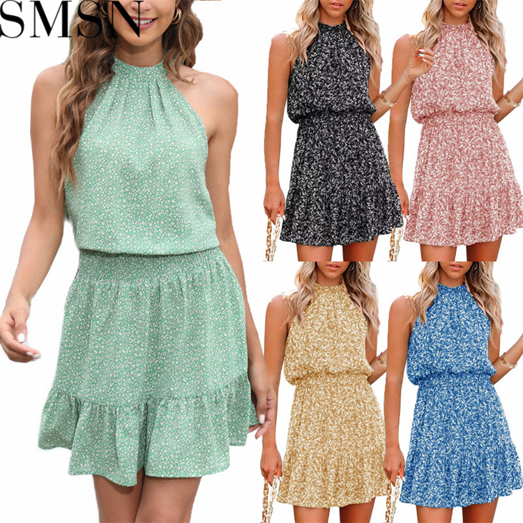 Fashion women dress Women's casual sleeveless halter dress in summer Bohemian print