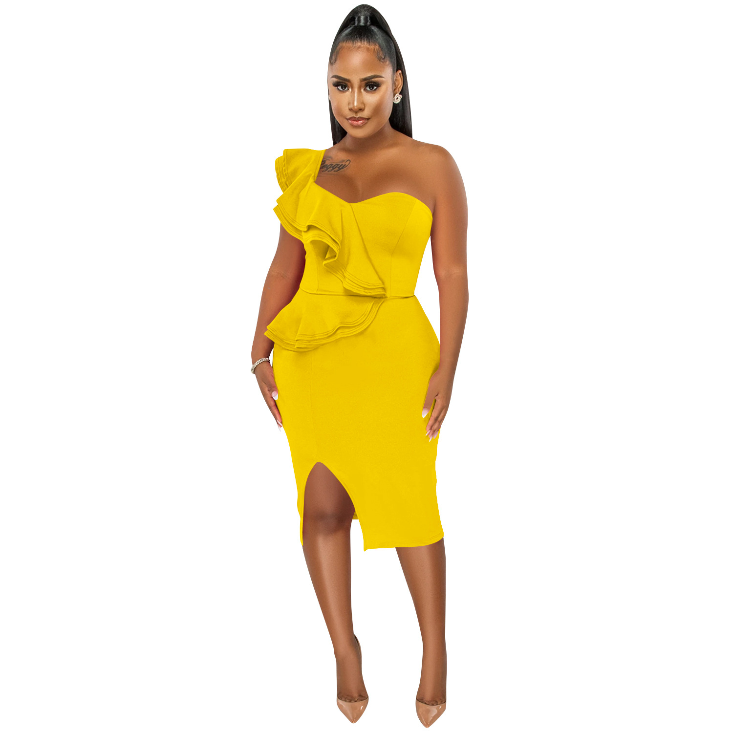 Plus Size DressFashion casual ruffled split one shoulder sleeve dress