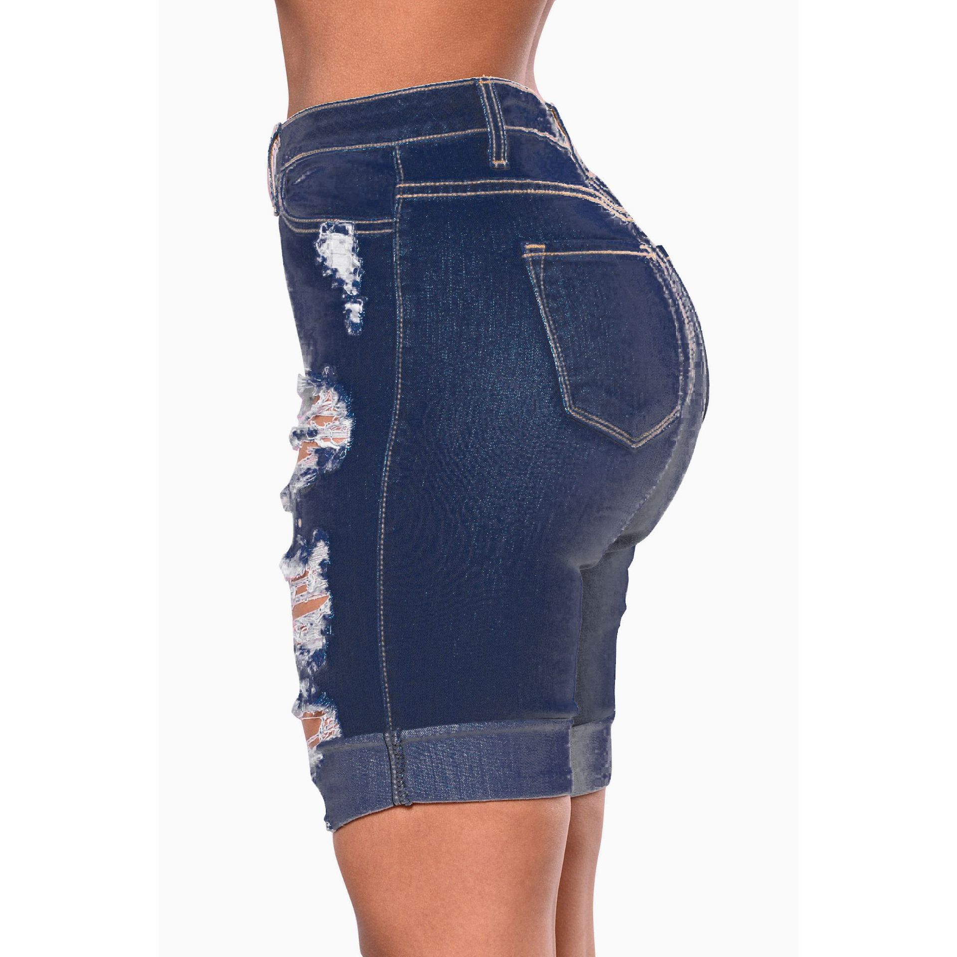 Fashionable water wash hole high waist jeans