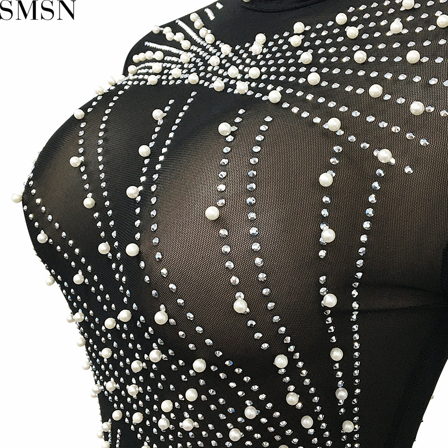 Fashion dress for women sexy nightclub mesh see-through hot rhinestone bubble bead tassel round-neck long-sleeved dress