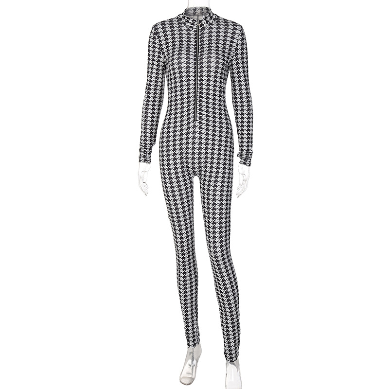 Women clothing 2120 autumn fashion print slimming plaid sports yoga one piece wholesale jumpsuits